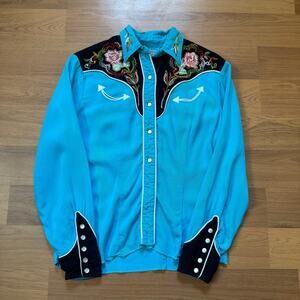 Women's Vintage 1960's H Bar C Turquoise Western Embroidered Pearl Snap Sz Small